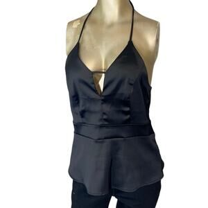 Express Black Satin Halter Peplum Camisole
